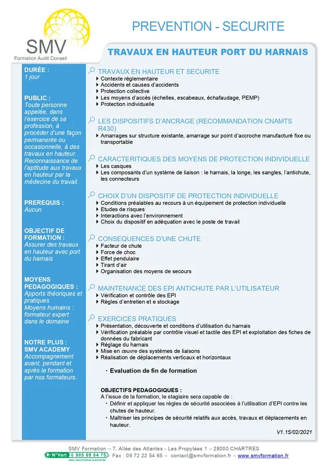 Fiche programme de la formation Travaux en hauteur – port du harnais : durée, public, prérequis, objectifs pédagogiques et contenu