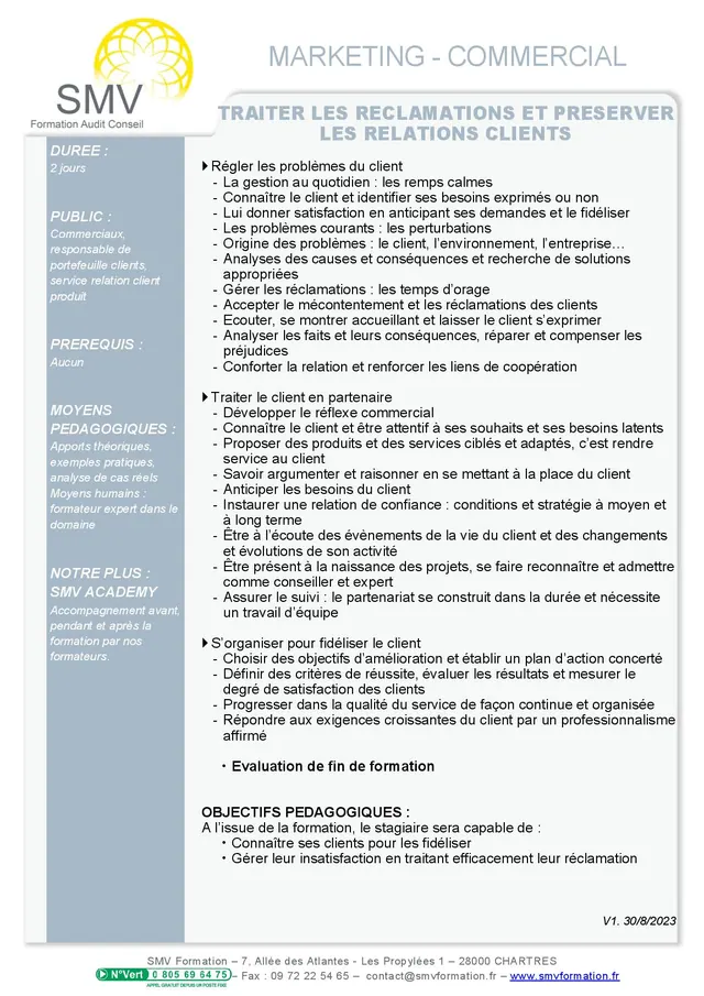 Fiche programme de la formation traiter les reclamations et preserver les relations clients : durée, public, prérequis, objectifs pédagogiques et contenu