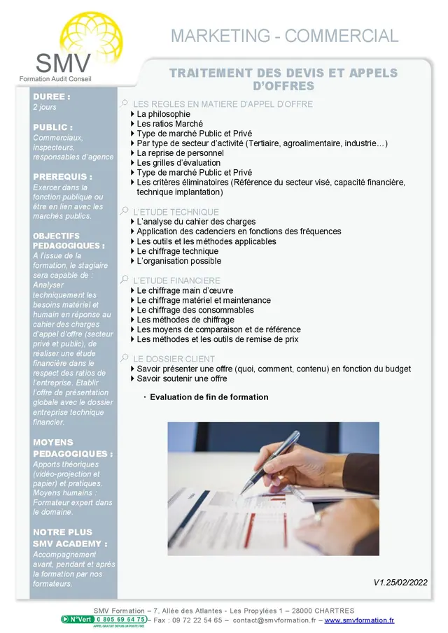 Fiche programme de la formation Traitement des devis et appels d’offres : durée, public, prérequis, objectifs pédagogiques et contenu