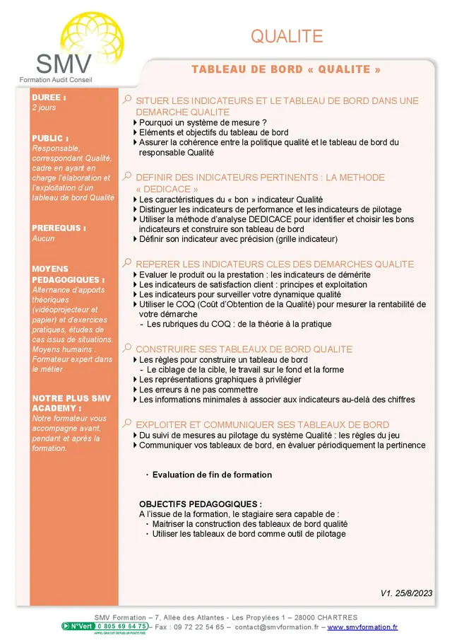 Fiche programme de la formation Tableau de bord qualité : durée, public, prérequis, objectifs pédagogiques et contenu