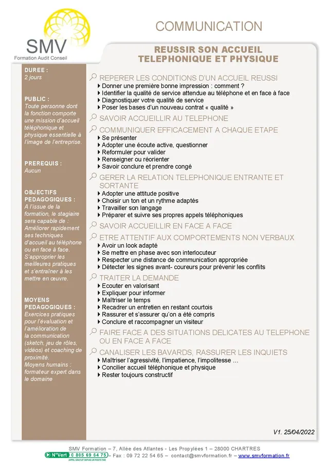 Fiche programme de la formation Réussir son accueil téléphonique et physique 2 jours : durée, public, prérequis, objectifs pédagogiques et contenu