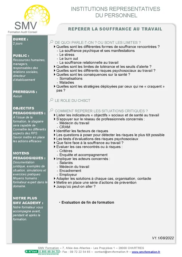 Fiche programme de la formation Repérer la souffrance au travail 2 jours : durée, public, prérequis, objectifs pédagogiques et contenu