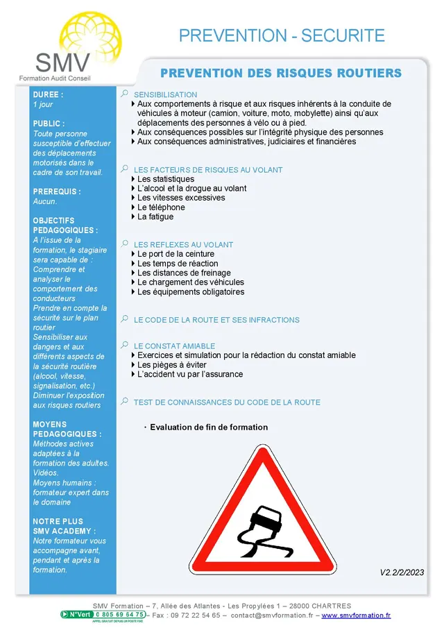 Fiche programme de la formation Prévention des risques routiers : durée, public, prérequis, objectifs pédagogiques et contenu