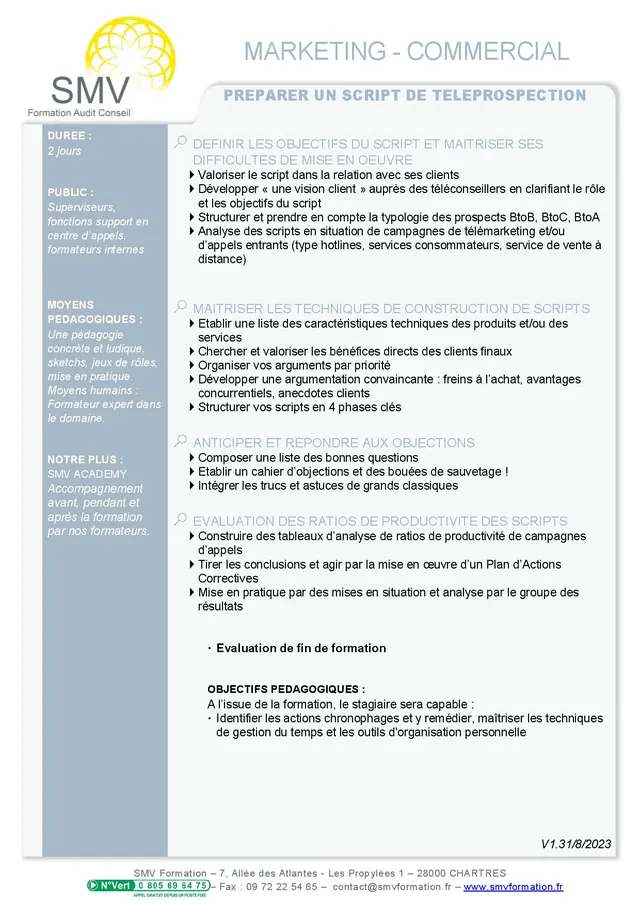 Fiche programme de la formation preparer un script de teleprospection : durée, public, prérequis, objectifs pédagogiques et contenu