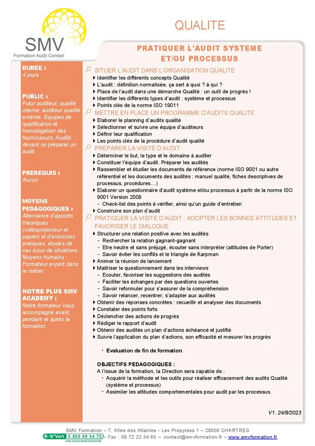Fiche programme de la formation Pratiquer l’audit système et/ou processus : durée, public, prérequis, objectifs pédagogiques et contenu