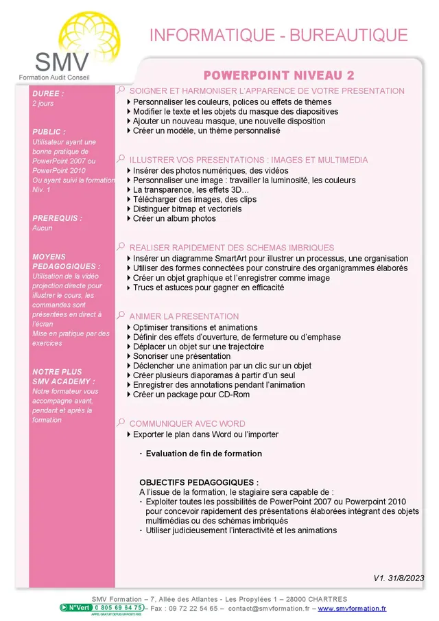 Fiche programme de la formation powerpoint niveau 2 : durée, public, prérequis, objectifs pédagogiques et contenu
