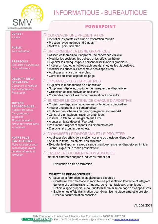 Fiche programme de la formation Powerpoint niveau 1 : durée, public, prérequis, objectifs pédagogiques et contenu