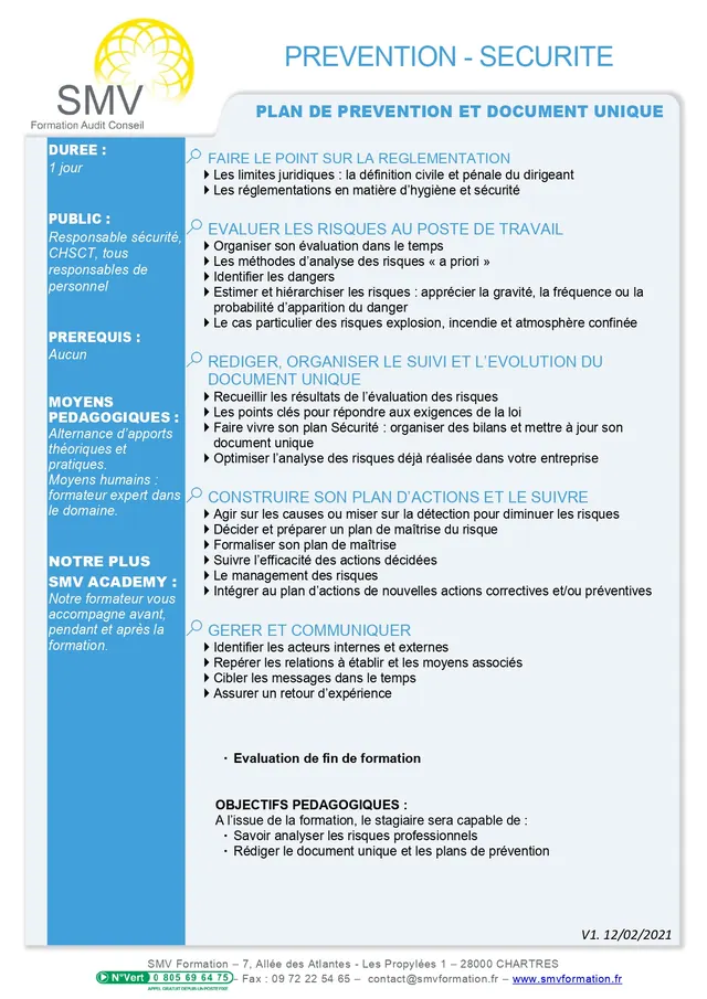 Fiche programme de la formation Plan de prévention et document unique : durée, public, prérequis, objectifs pédagogiques et contenu