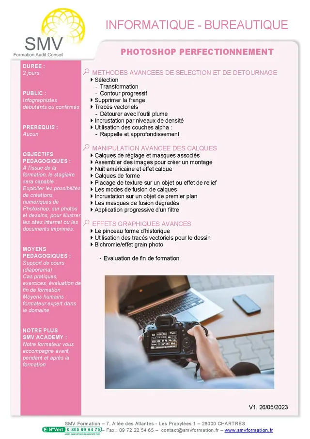 Fiche programme de la formation Photoshop perfectionnement : durée, public, prérequis, objectifs pédagogiques et contenu