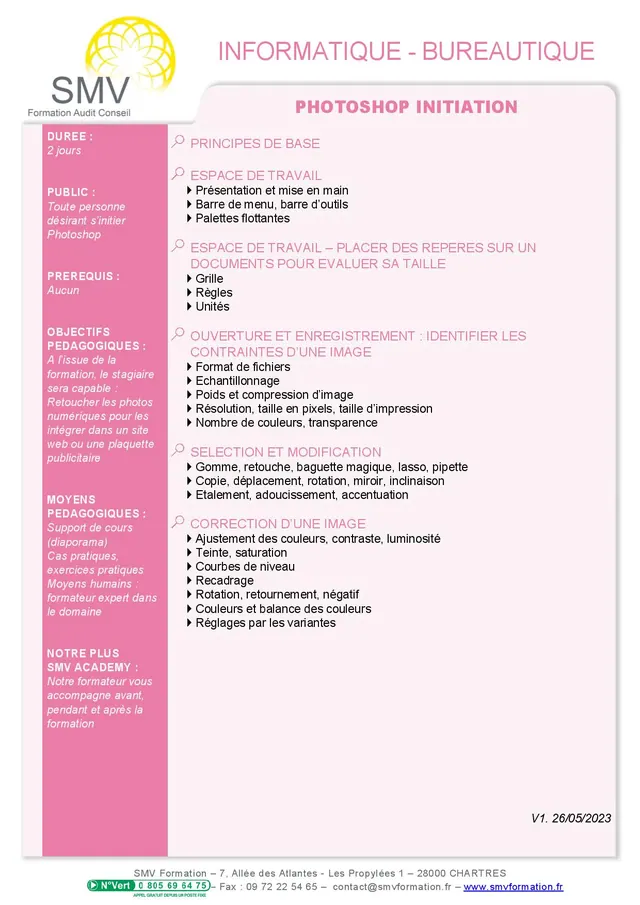 Fiche programme de la formation Photoshop initiation : durée, public, prérequis, objectifs pédagogiques et contenu