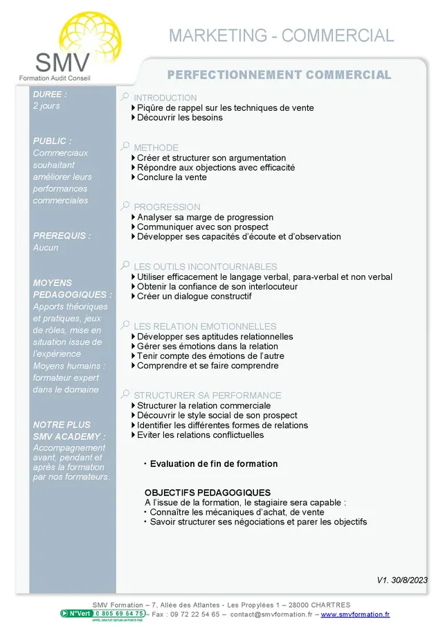 Fiche programme de la formation perfectionnement commercial : durée, public, prérequis, objectifs pédagogiques et contenu