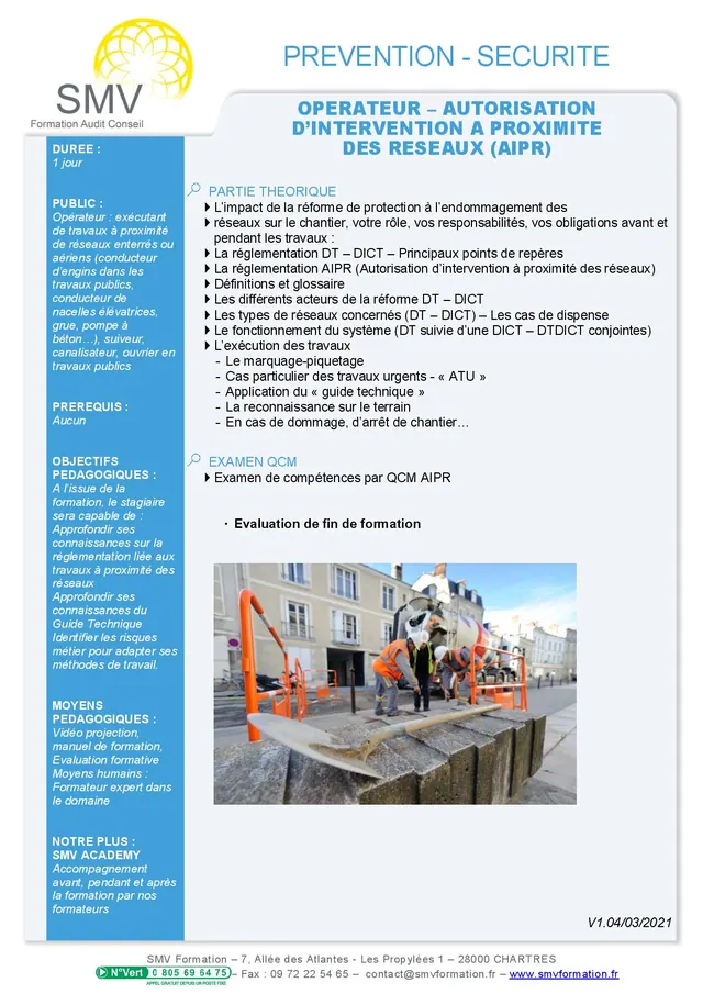 Fiche programme de la formation AIPR Opérateur : durée, public, prérequis, objectifs pédagogiques et contenu
