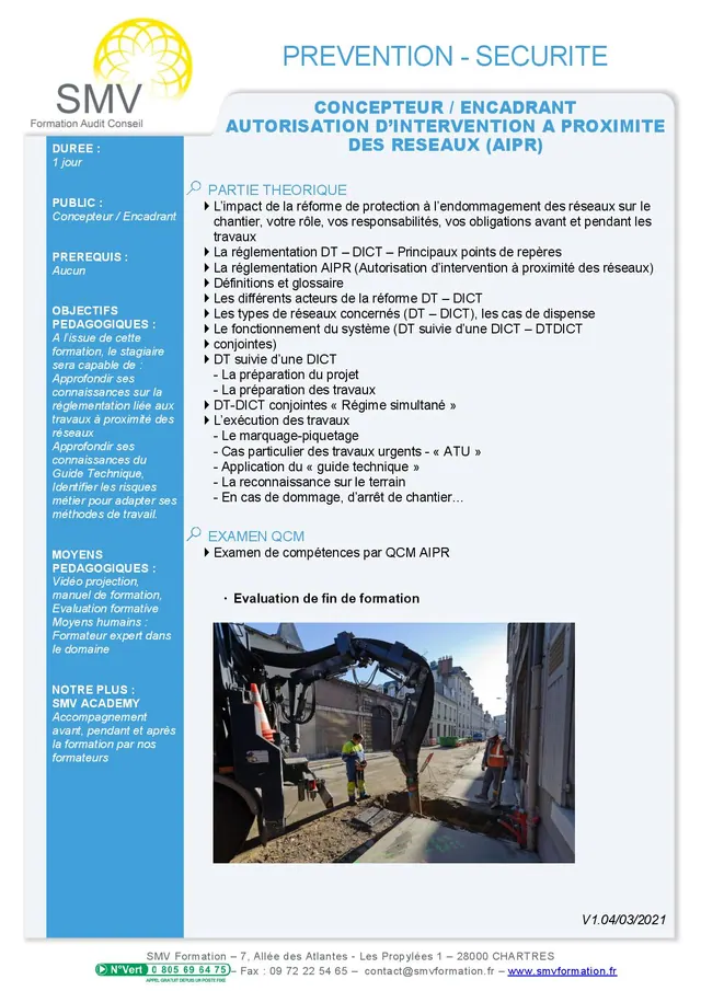 Fiche programme de la formation AIPR Concepteur Encadrant : durée, public, prérequis, objectifs pédagogiques et contenu