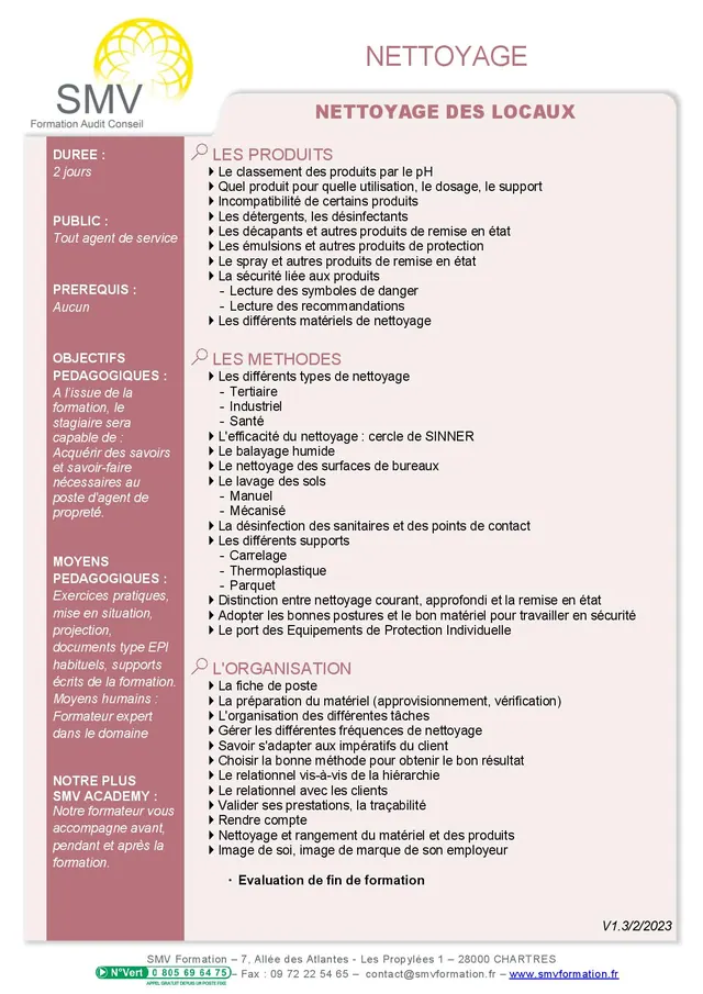 Fiche programme de la formation Nettoyage des locaux : durée, public, prérequis, objectifs pédagogiques et contenu