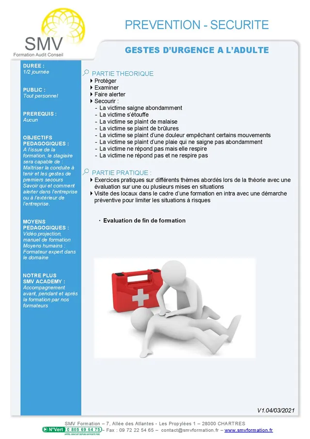 Fiche programme de la formation Gestes d’urgence à l’adulte : durée, public, prérequis, objectifs pédagogiques et contenu