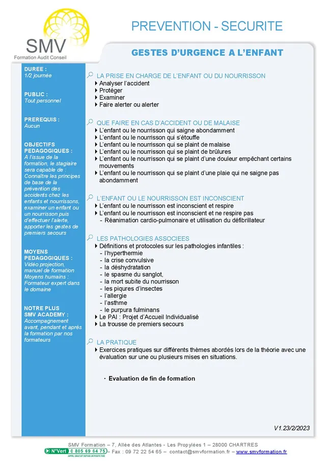 Fiche programme de la formation Gestes d’urgence à l’enfant : durée, public, prérequis, objectifs pédagogiques et contenu