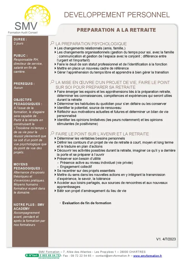 Fiche programme de la formation Préparation a la retraite : durée, public, prérequis, objectifs pédagogiques et contenu