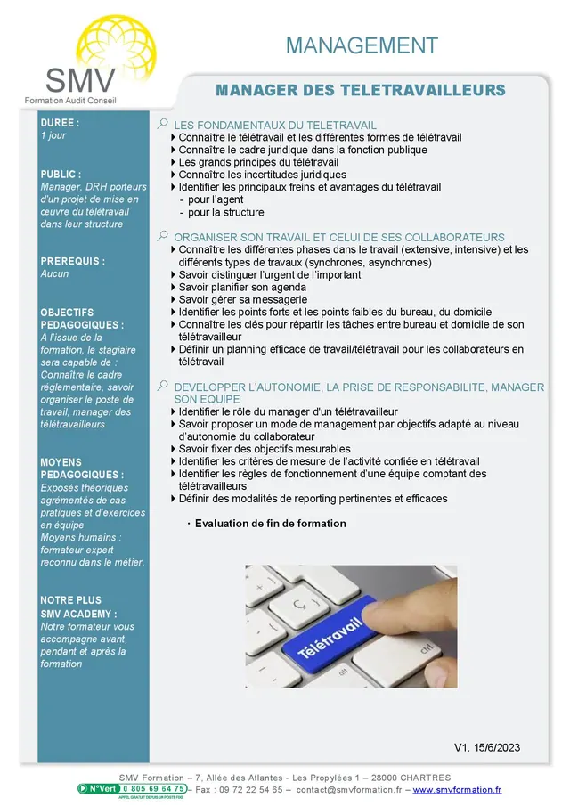 Fiche programme de la formation Manager des télétravailleurs : durée, public, prérequis, objectifs pédagogiques et contenu