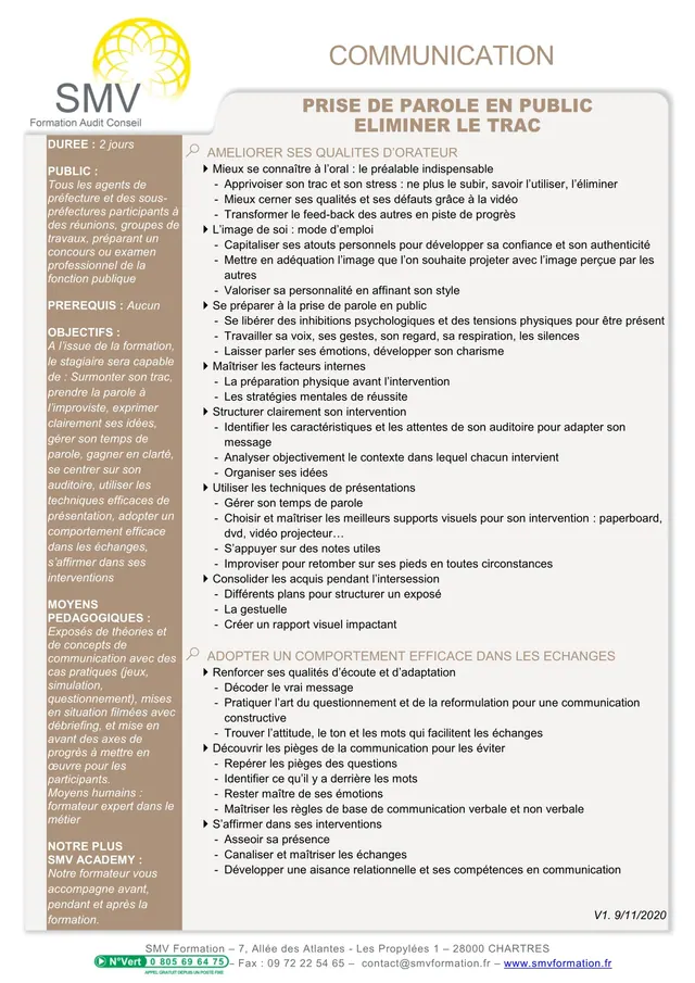 Fiche programme de la formation Prise de parole en public : durée, public, prérequis, objectifs pédagogiques et contenu