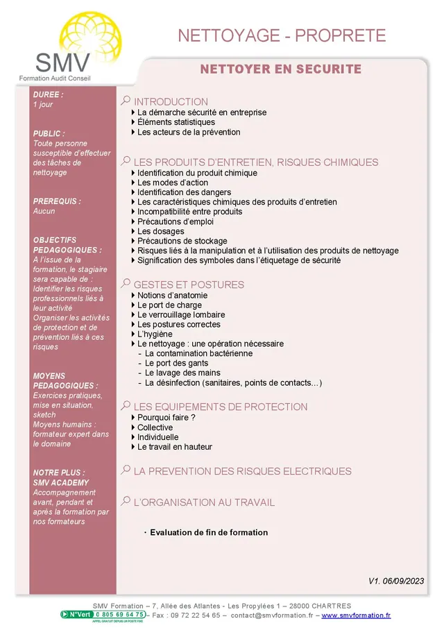 Fiche programme de la formation nettoyer en securite : durée, public, prérequis, objectifs pédagogiques et contenu