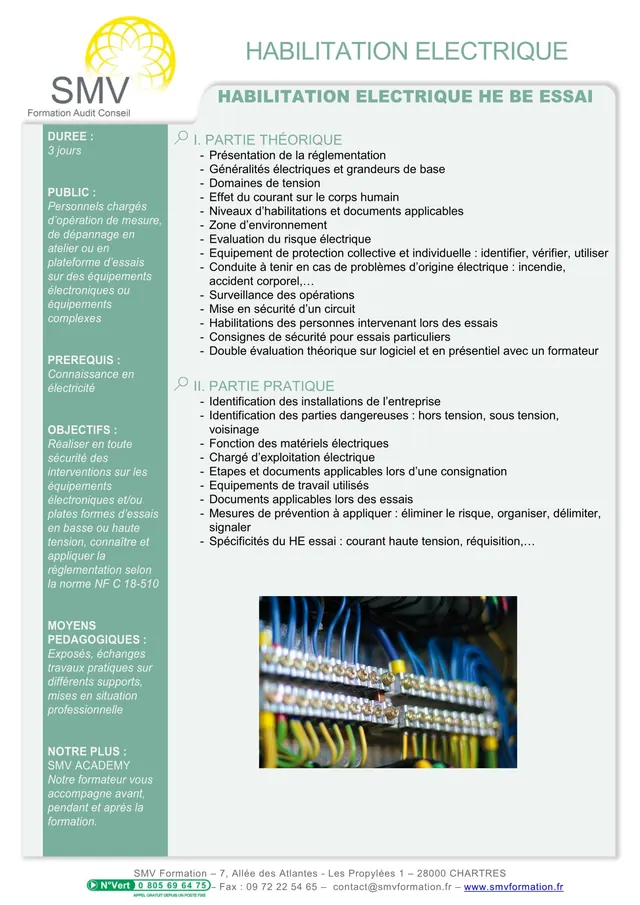 Fiche programme de la formation Habilitation electrique HE BE Essai : durée, public, prérequis, objectifs pédagogiques et contenu