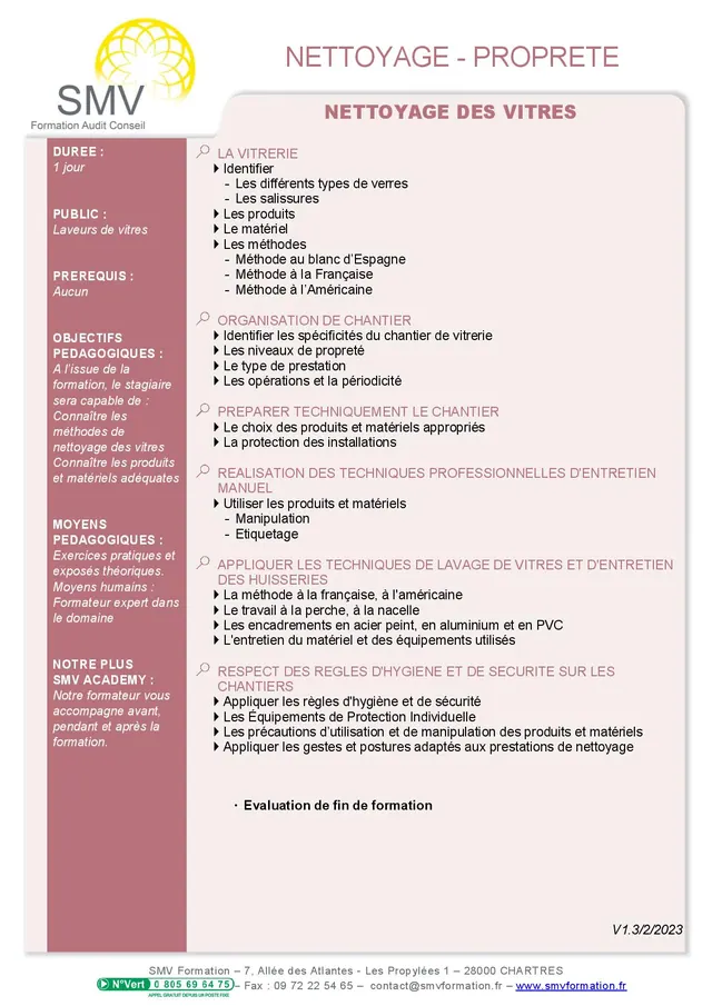 Fiche programme de la formation Nettoyage des vitres : durée, public, prérequis, objectifs pédagogiques et contenu