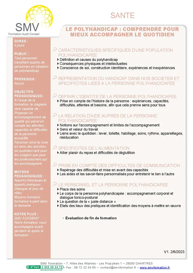 Fiche programme de la formation Le Polyhandicap comprendre pour mieux accompagner le quotidien : durée, public, prérequis, objectifs pédagogiques et contenu