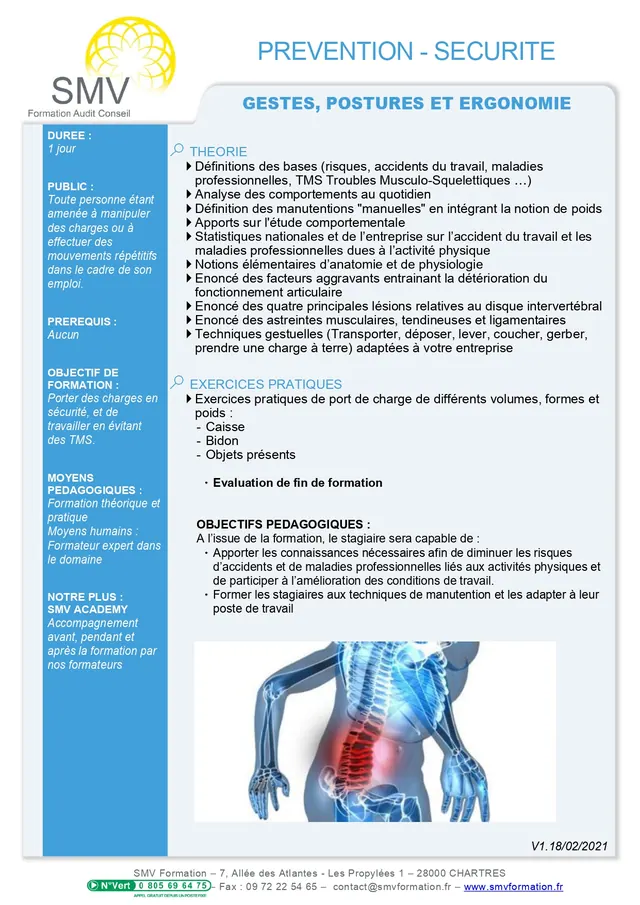 Fiche programme de la formation Gestes postures et ergonomie : durée, public, prérequis, objectifs pédagogiques et contenu