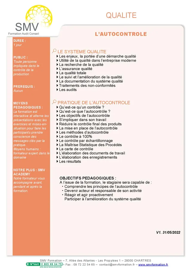 Fiche programme de la formation L’ Autocontrôle : durée, public, prérequis, objectifs pédagogiques et contenu