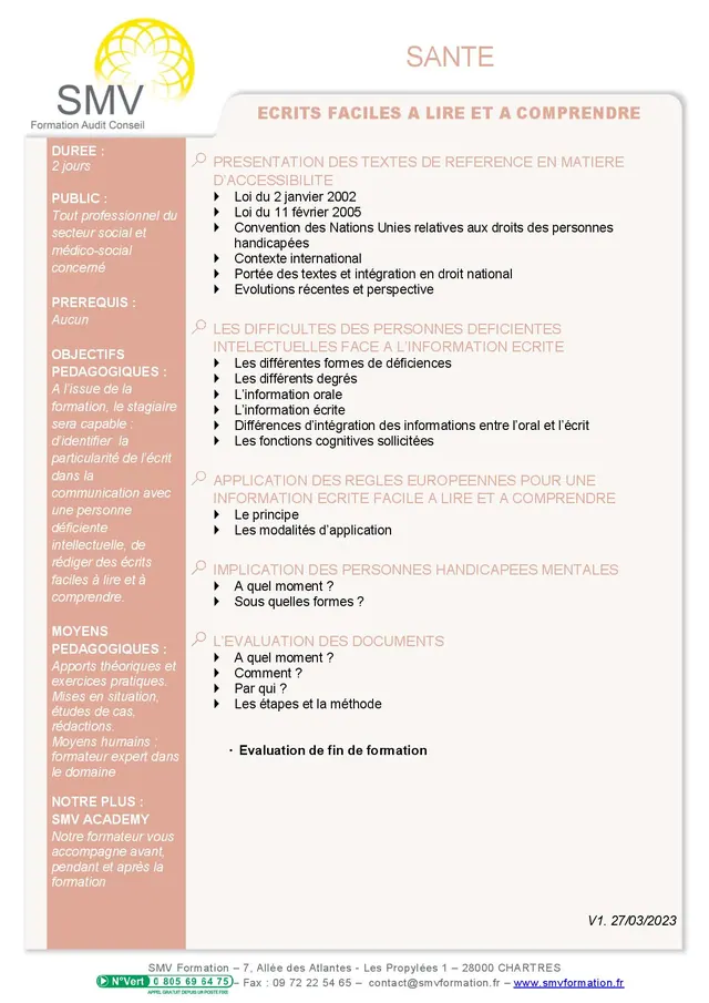 Fiche programme de la formation Ecrits faciles à lire et à comprendre : durée, public, prérequis, objectifs pédagogiques et contenu