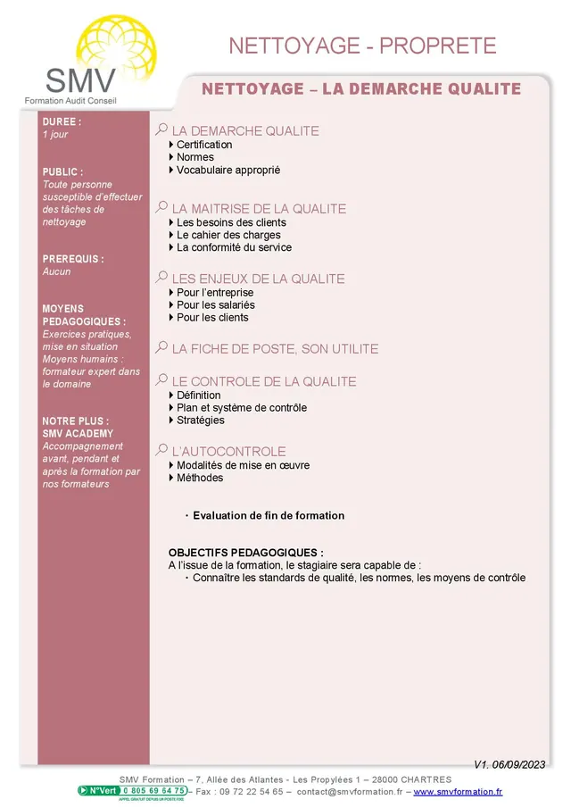 Fiche programme de la formation nettoyage – la demarche qualite : durée, public, prérequis, objectifs pédagogiques et contenu