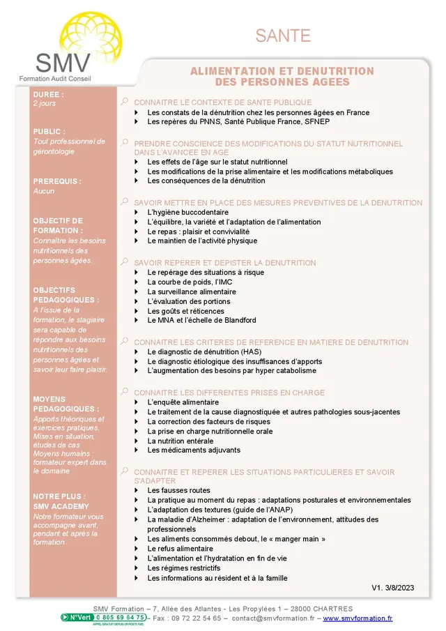 Fiche programme de la formation Alimentation et dénutrition des personnes âgées : durée, public, prérequis, objectifs pédagogiques et contenu