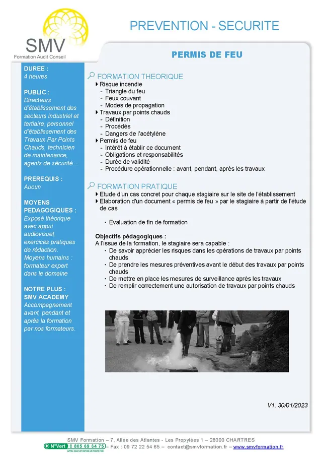 Fiche programme de la formation Permis de feu 4h : durée, public, prérequis, objectifs pédagogiques et contenu