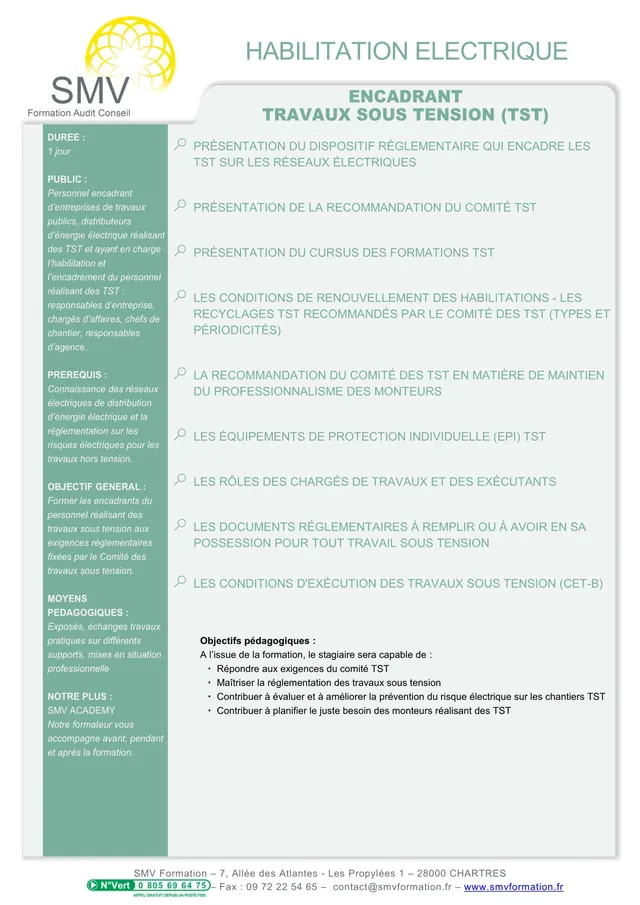 Fiche programme de la formation Encadrants de travaux sous tension TST : durée, public, prérequis, objectifs pédagogiques et contenu