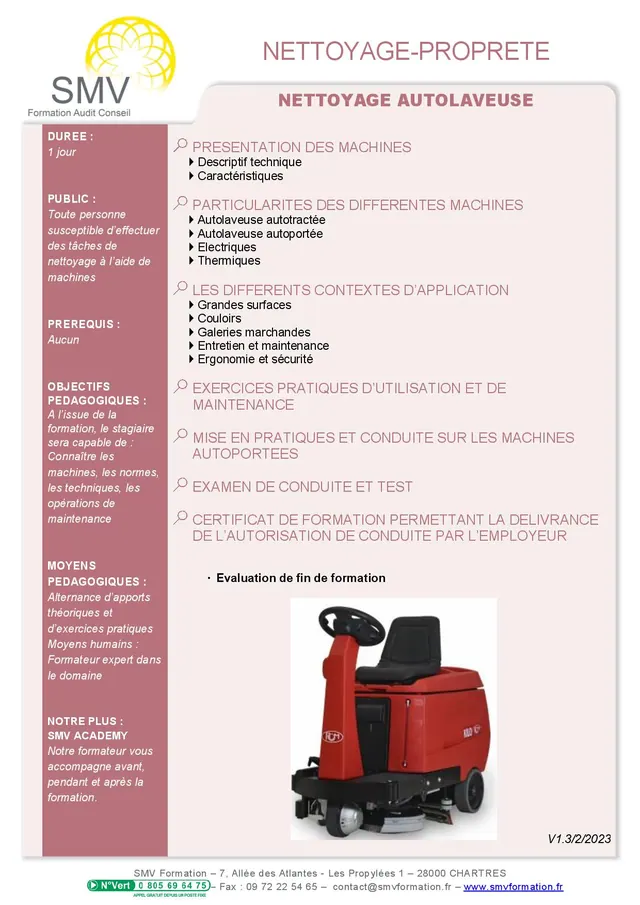 Fiche programme de la formation Autolaveuse : durée, public, prérequis, objectifs pédagogiques et contenu