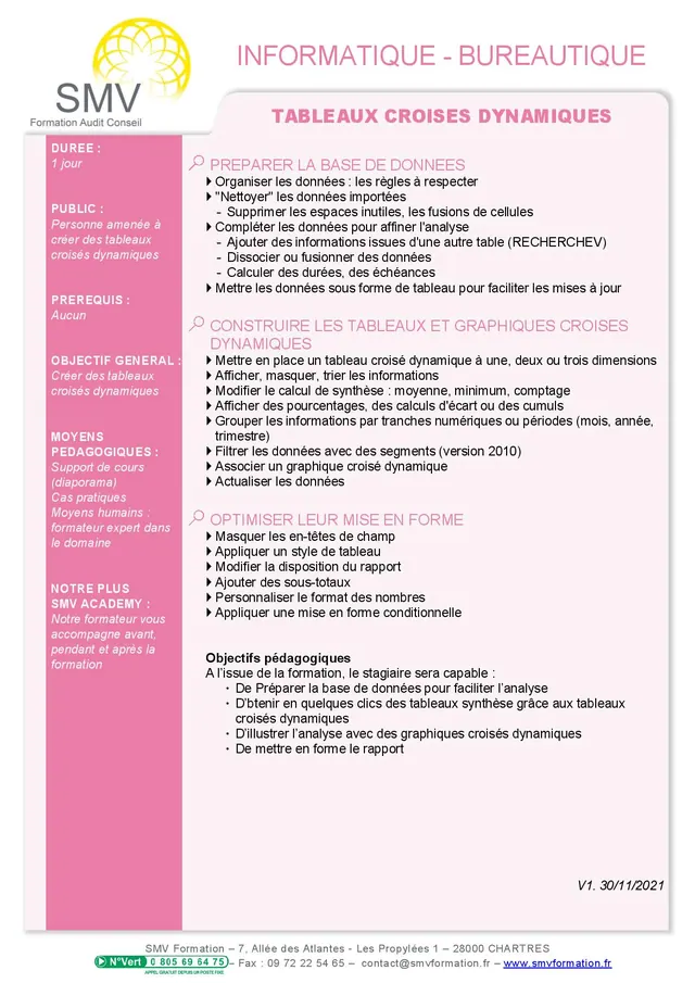 Fiche programme de la formation Tableaux croisés dynamiques 1 jour : durée, public, prérequis, objectifs pédagogiques et contenu