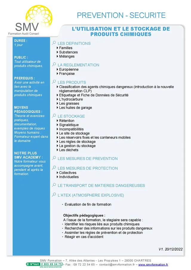 Fiche programme de la formation L’utilisation et le stockage de produits chimiques : durée, public, prérequis, objectifs pédagogiques et contenu