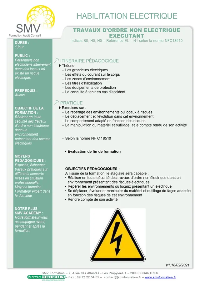 Fiche programme de la formation Travaux d’ordre non électrique exécutant Initial ou Recyclage B0 H0 H0V : durée, public, prérequis, objectifs pédagogiques et contenu