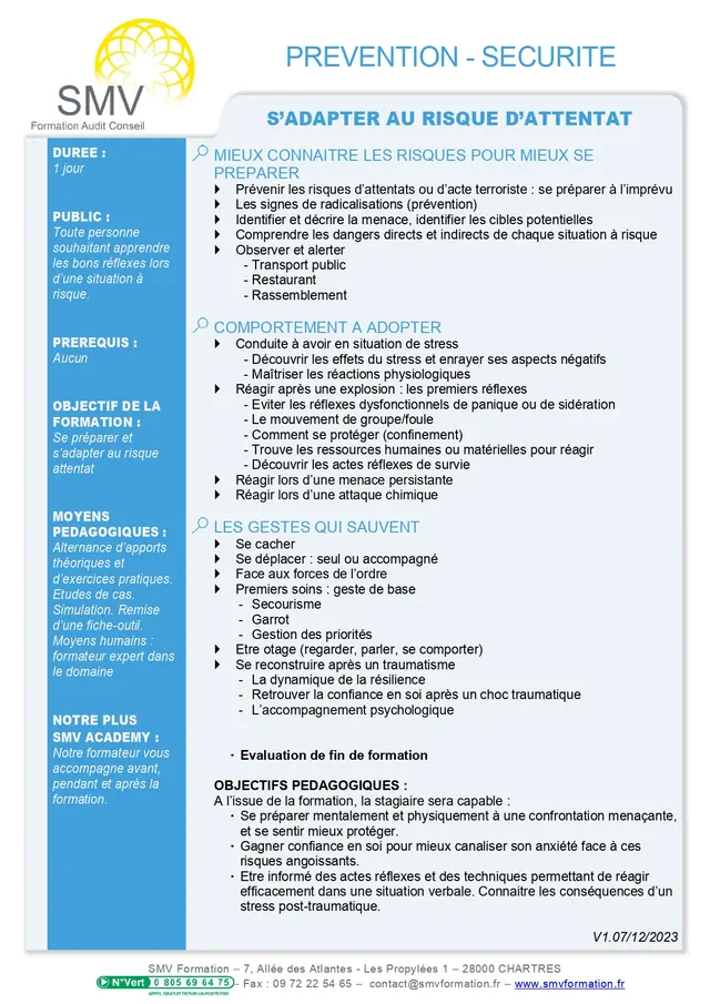 Fiche programme de la formation S adapter au risque attentat : durée, public, prérequis, objectifs pédagogiques et contenu
