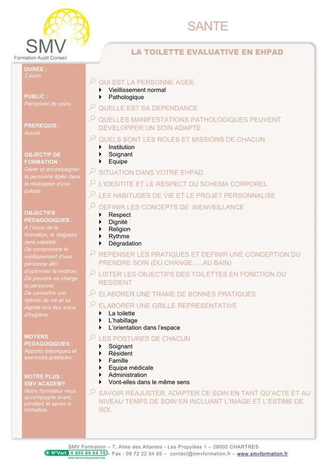 Fiche programme de la formation La Toilette Evaluative en Ehpad : durée, public, prérequis, objectifs pédagogiques et contenu