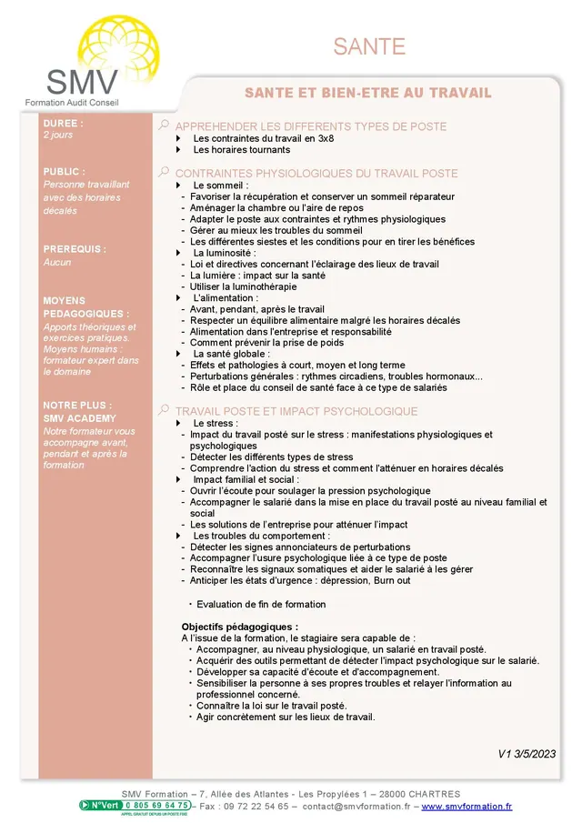 Fiche programme de la formation Santé et Bien Être au Travail : durée, public, prérequis, objectifs pédagogiques et contenu