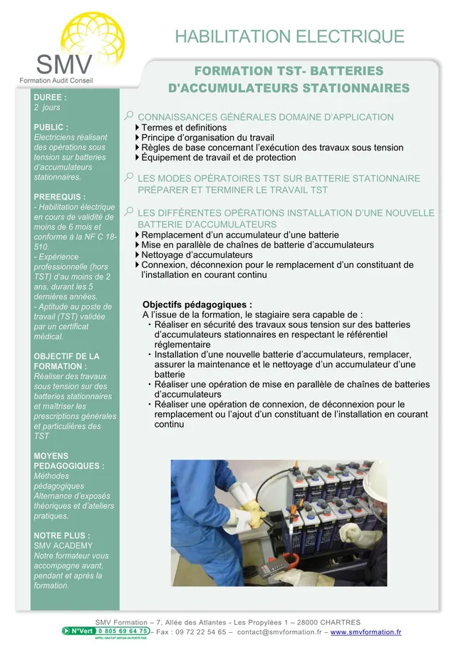 Fiche programme de la formation Formation TST Batteries d’Accumulateurs Stationnaires : durée, public, prérequis, objectifs pédagogiques et contenu