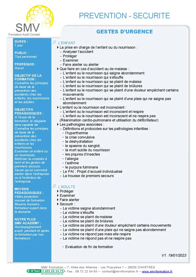 Fiche programme de la formation Gestes d’Urgence 1 jour : durée, public, prérequis, objectifs pédagogiques et contenu