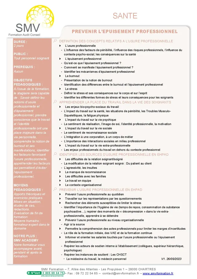 Fiche programme de la formation Prévenir L’Epuisement Professionnel : durée, public, prérequis, objectifs pédagogiques et contenu