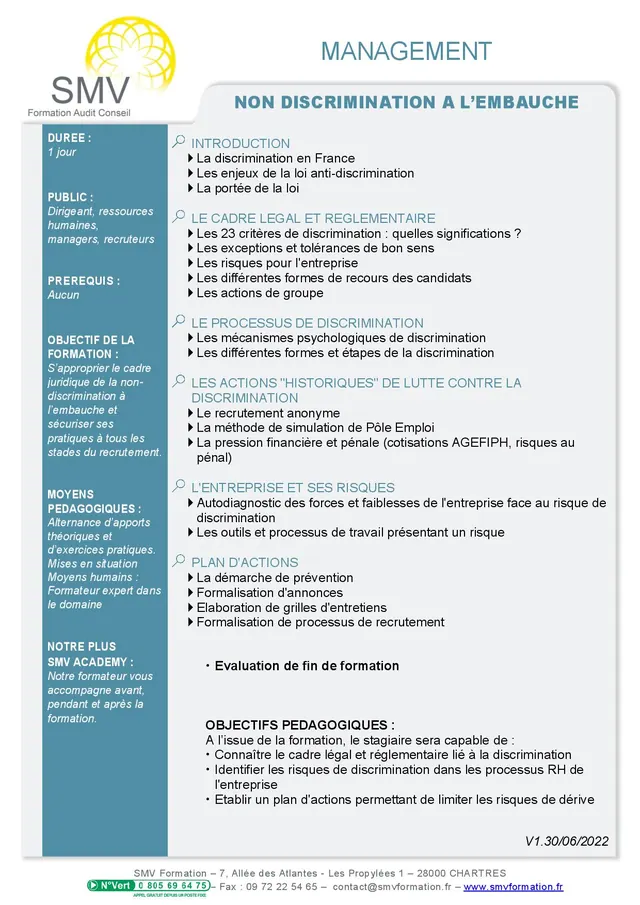 Fiche programme de la formation Non Discrimination à l’Embauche : durée, public, prérequis, objectifs pédagogiques et contenu