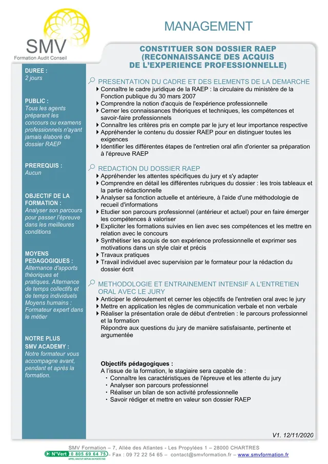 Fiche programme de la formation Constituer son dossier RAEP : durée, public, prérequis, objectifs pédagogiques et contenu
