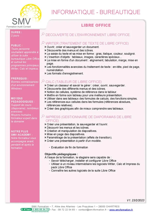 Fiche programme de la formation Libre Office : durée, public, prérequis, objectifs pédagogiques et contenu
