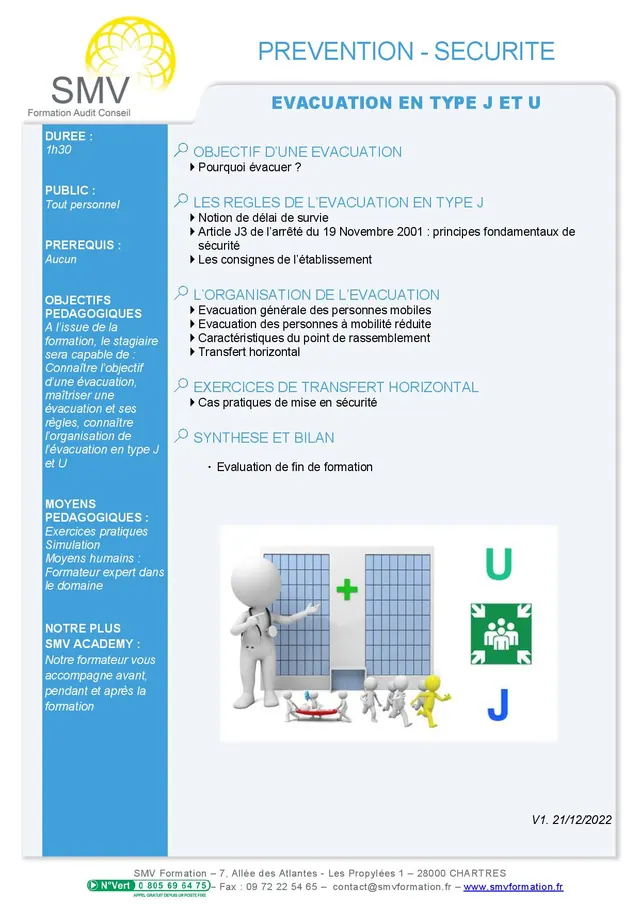 Fiche programme de la formation Evacuation Type U ou J : durée, public, prérequis, objectifs pédagogiques et contenu