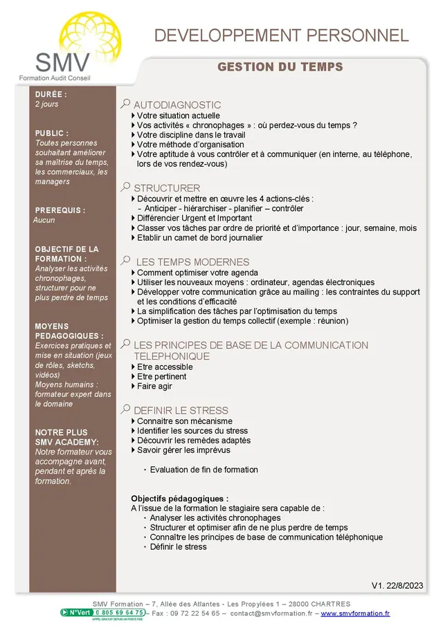 Fiche programme de la formation Gestion du Temps : durée, public, prérequis, objectifs pédagogiques et contenu