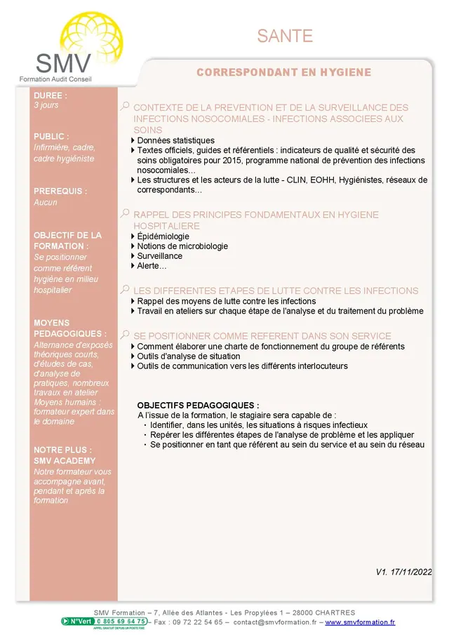 Fiche programme de la formation Correspondant en Hygiène 3 jours : durée, public, prérequis, objectifs pédagogiques et contenu